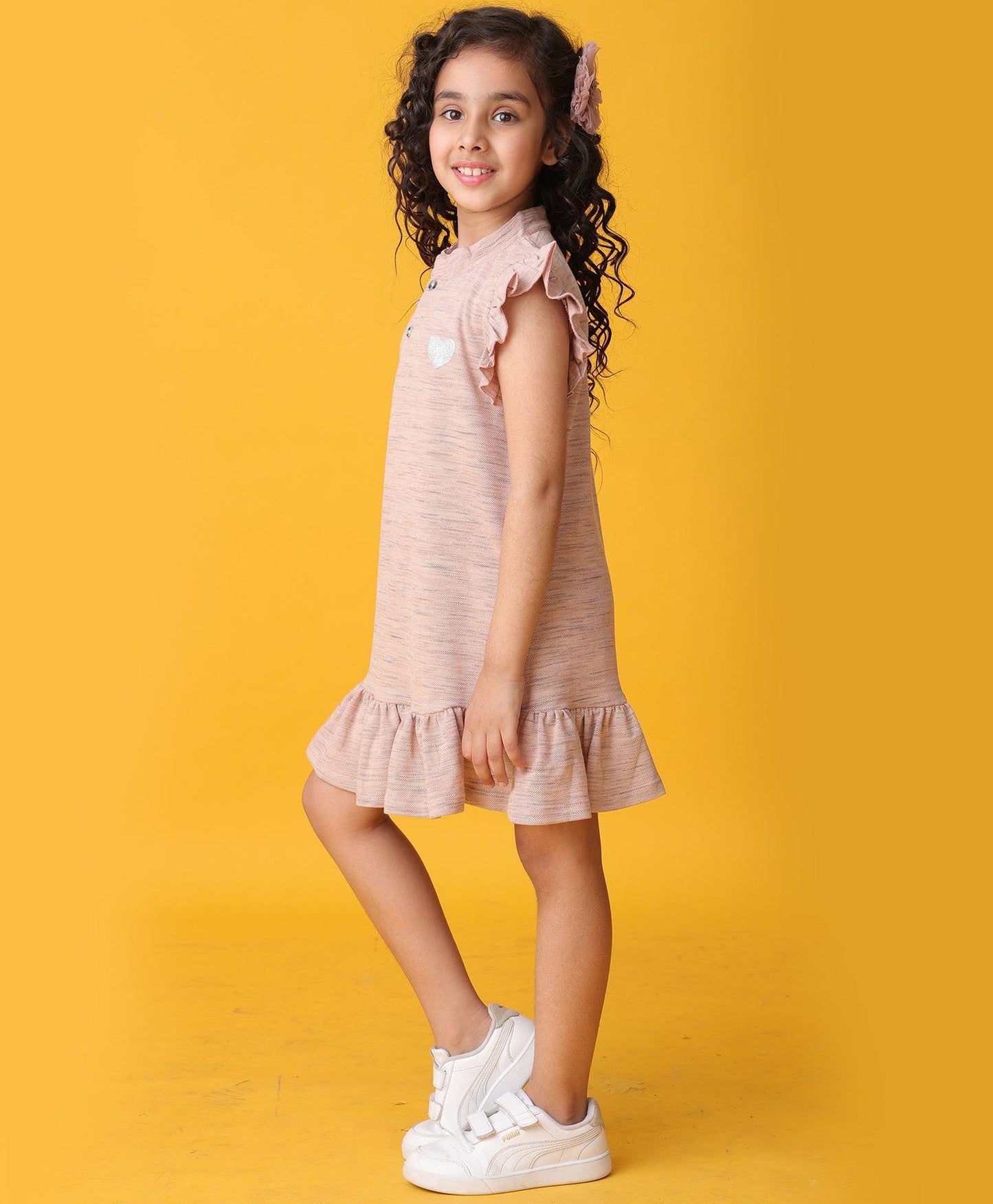 PINK MELANGE SILVER HEART FRILL DRESS - - PINK