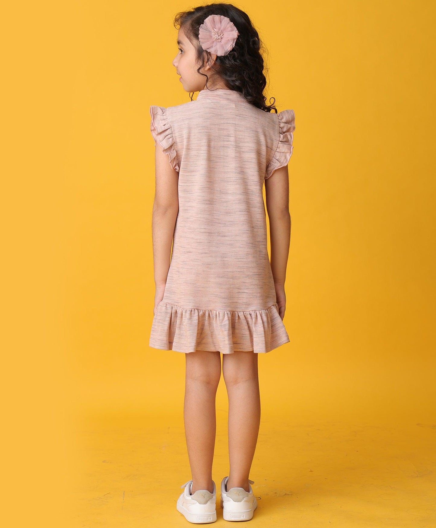 PINK MELANGE SILVER HEART FRILL DRESS - - PINK
