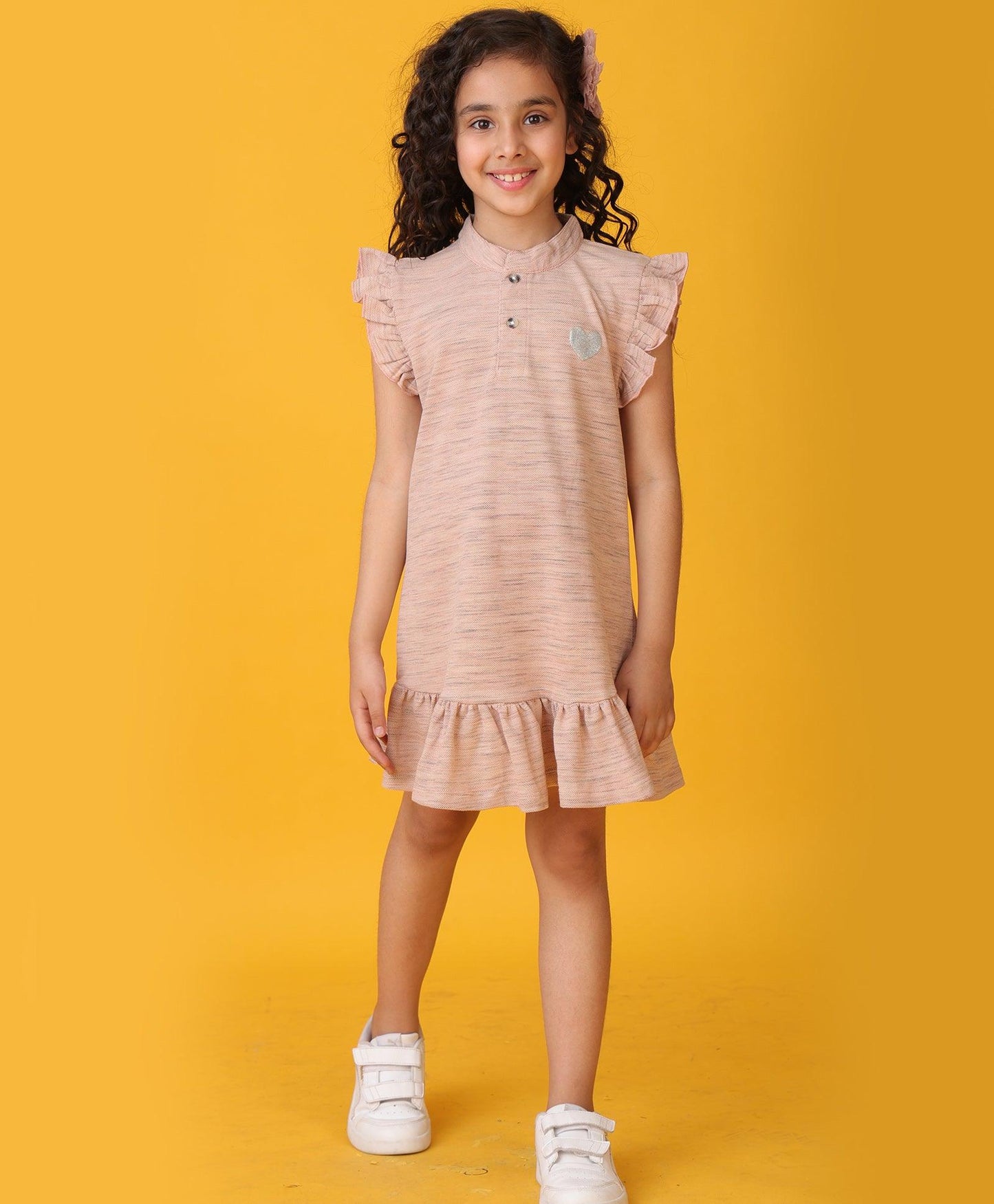 PINK MELANGE SILVER HEART FRILL DRESS - - PINK