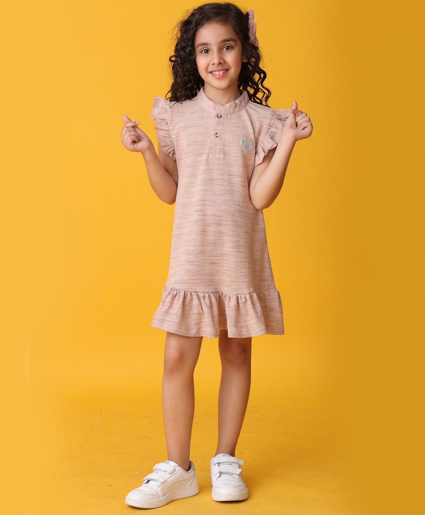 PINK MELANGE SILVER HEART FRILL DRESS - - PINK
