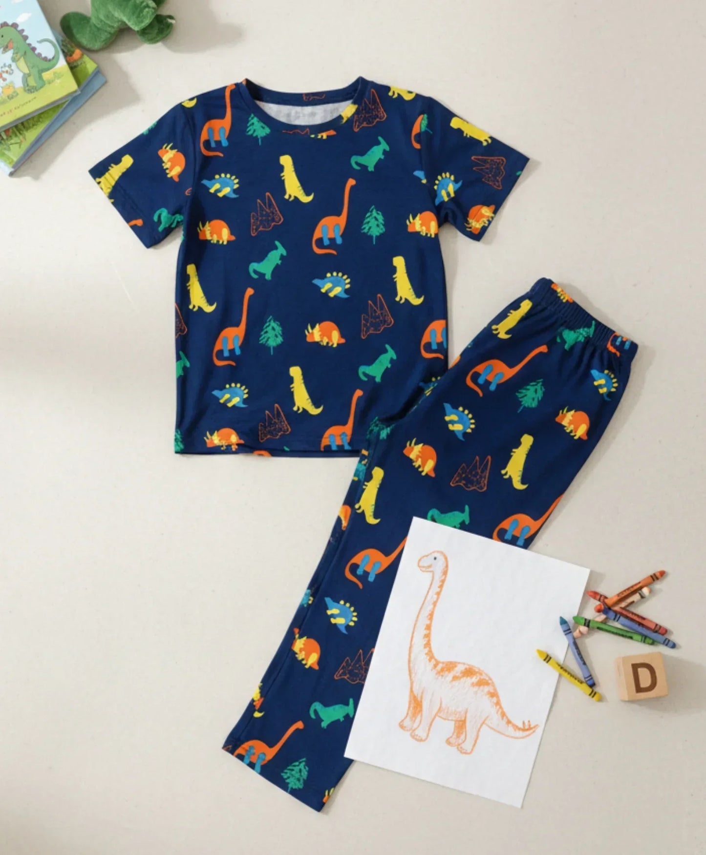 DINOSAUR FUN NAVY SHORT SLEEVE PYJAMA SET - NAVY - Anthrilo
