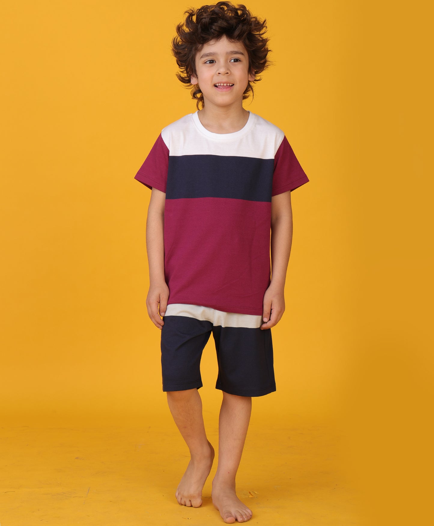 NAVY MEHROON GREY STRPIED CONTRAST SLEEPWEAR SHORTS SET - MULTI