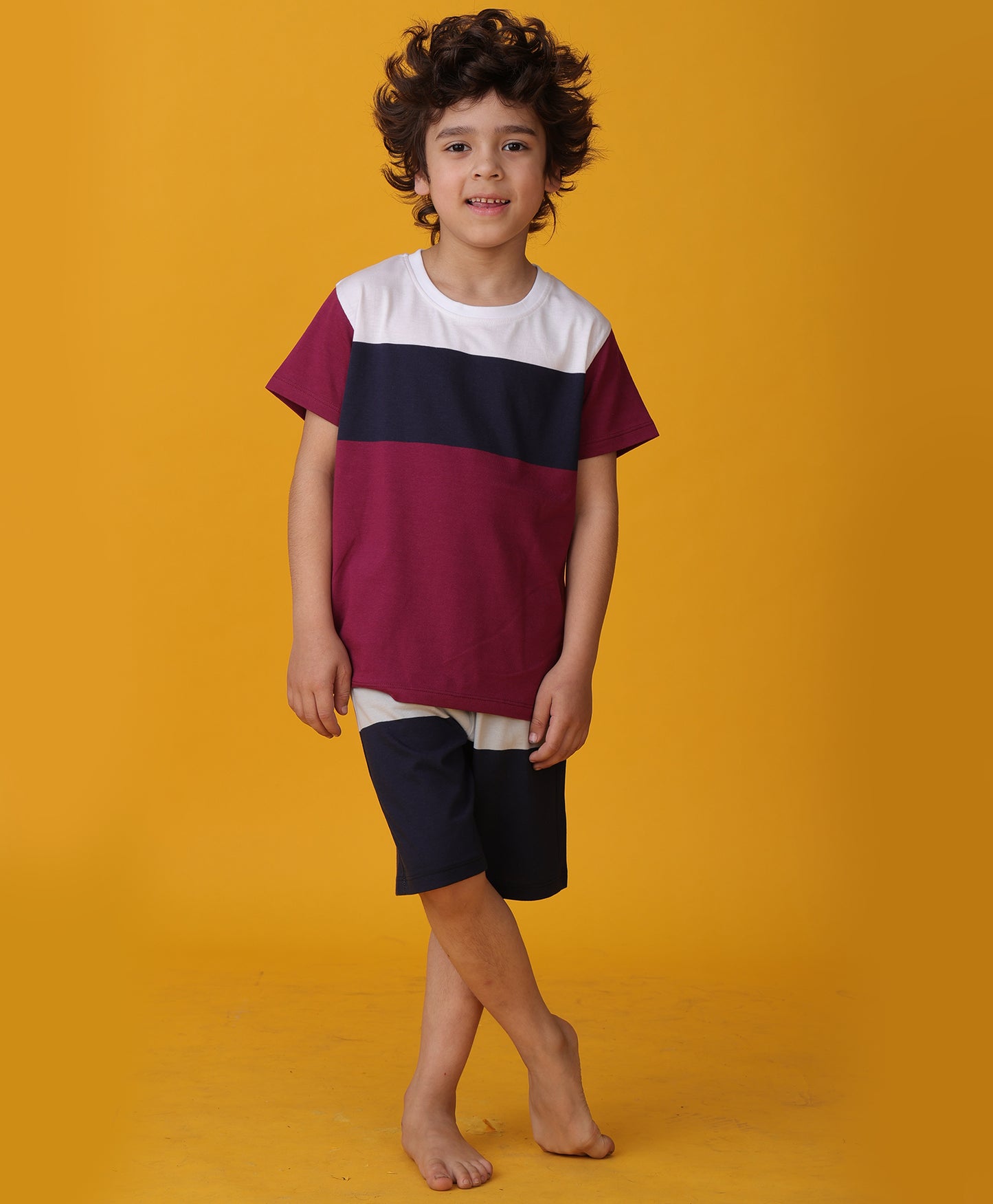 NAVY MEHROON GREY STRPIED CONTRAST SLEEPWEAR SHORTS SET - MULTI