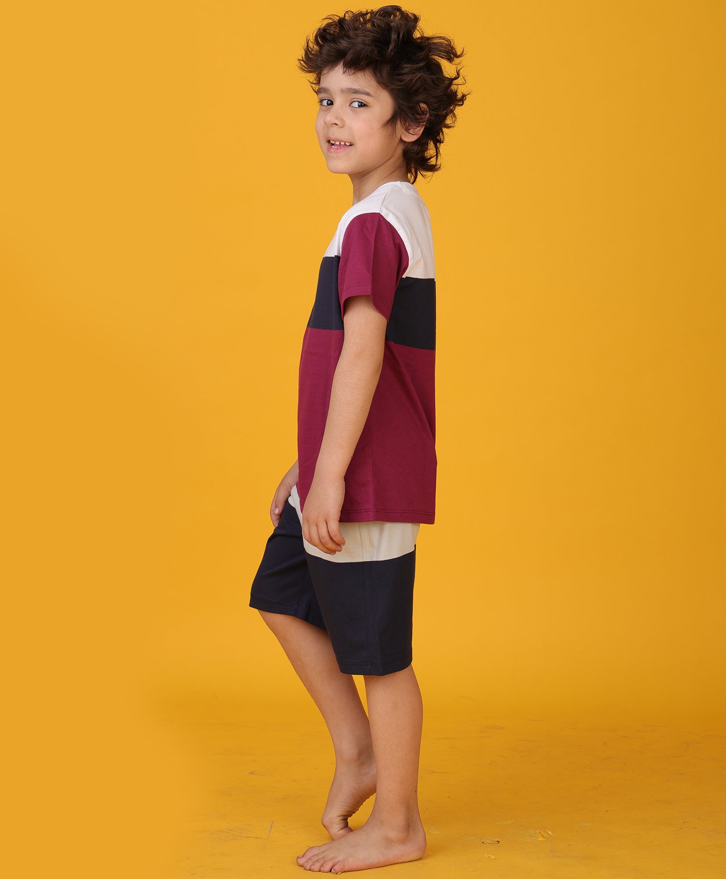 NAVY MEHROON GREY STRPIED CONTRAST SLEEPWEAR SHORTS SET - MULTI
