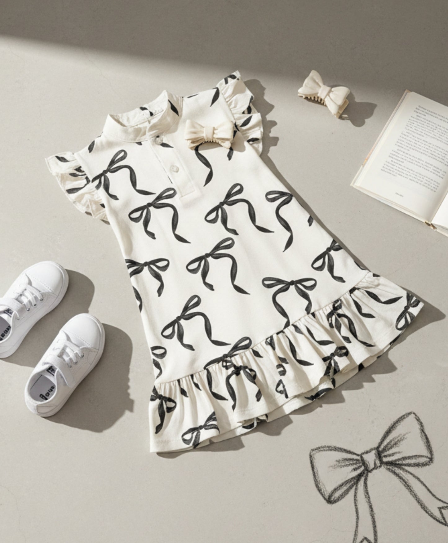 BLACK BOW FRILL SUMMER DRESS - OFF WHITE