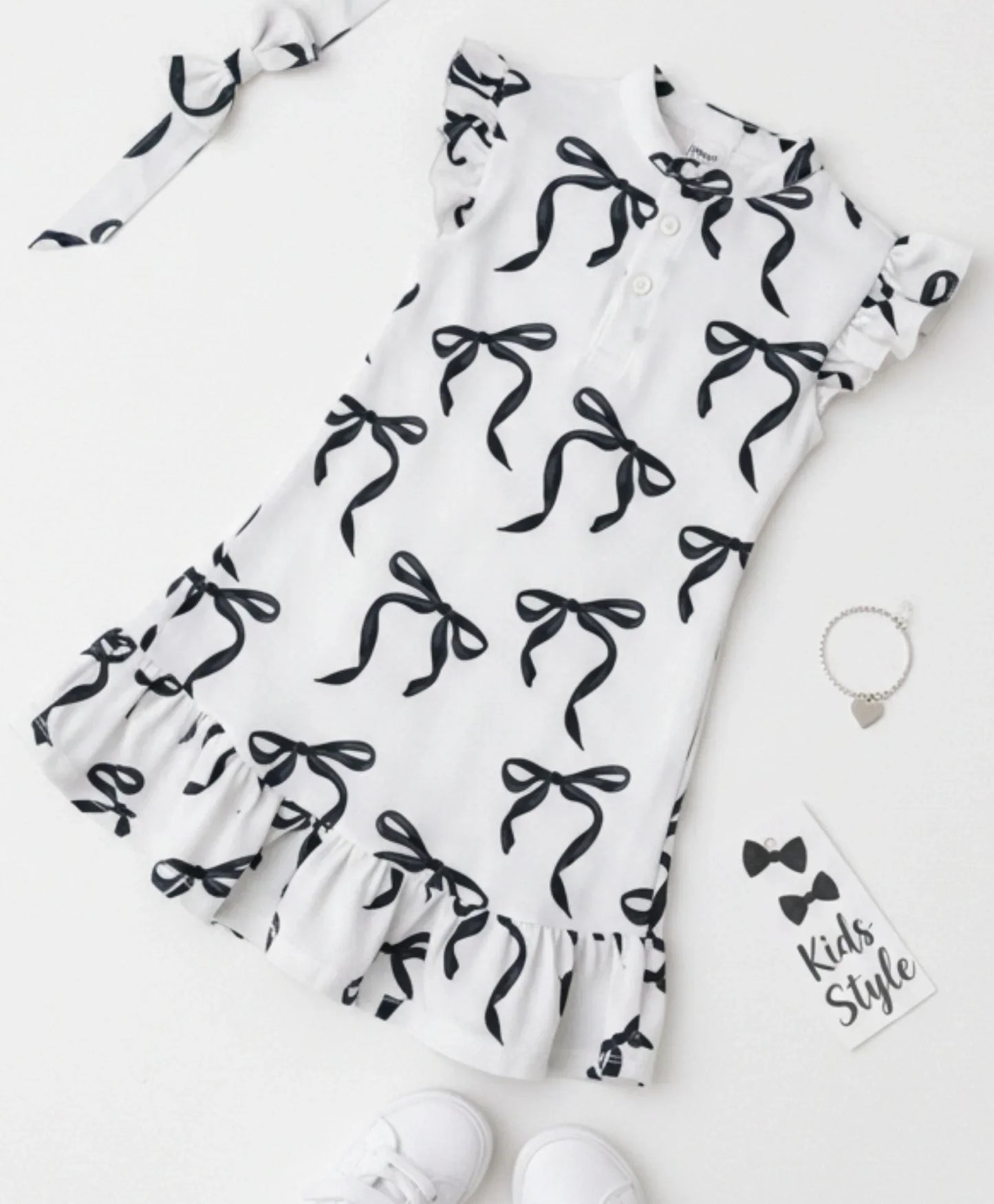 BLACK BOW FRILL SUMMER DRESS - OFF WHITE - Anthrilo