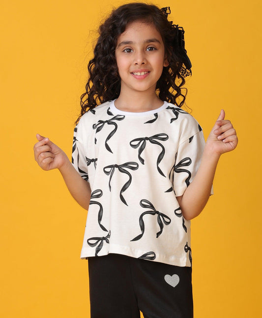 BLACK BOW SHORT SLEEVES SUMMER T-SHIRT - WHITE