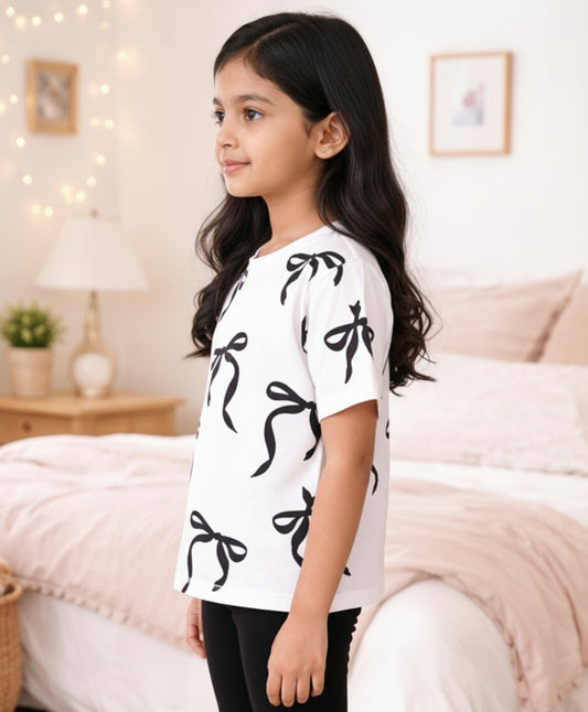 BLACK BOW SHORT SLEEVES SUMMER T-SHIRT - WHITE