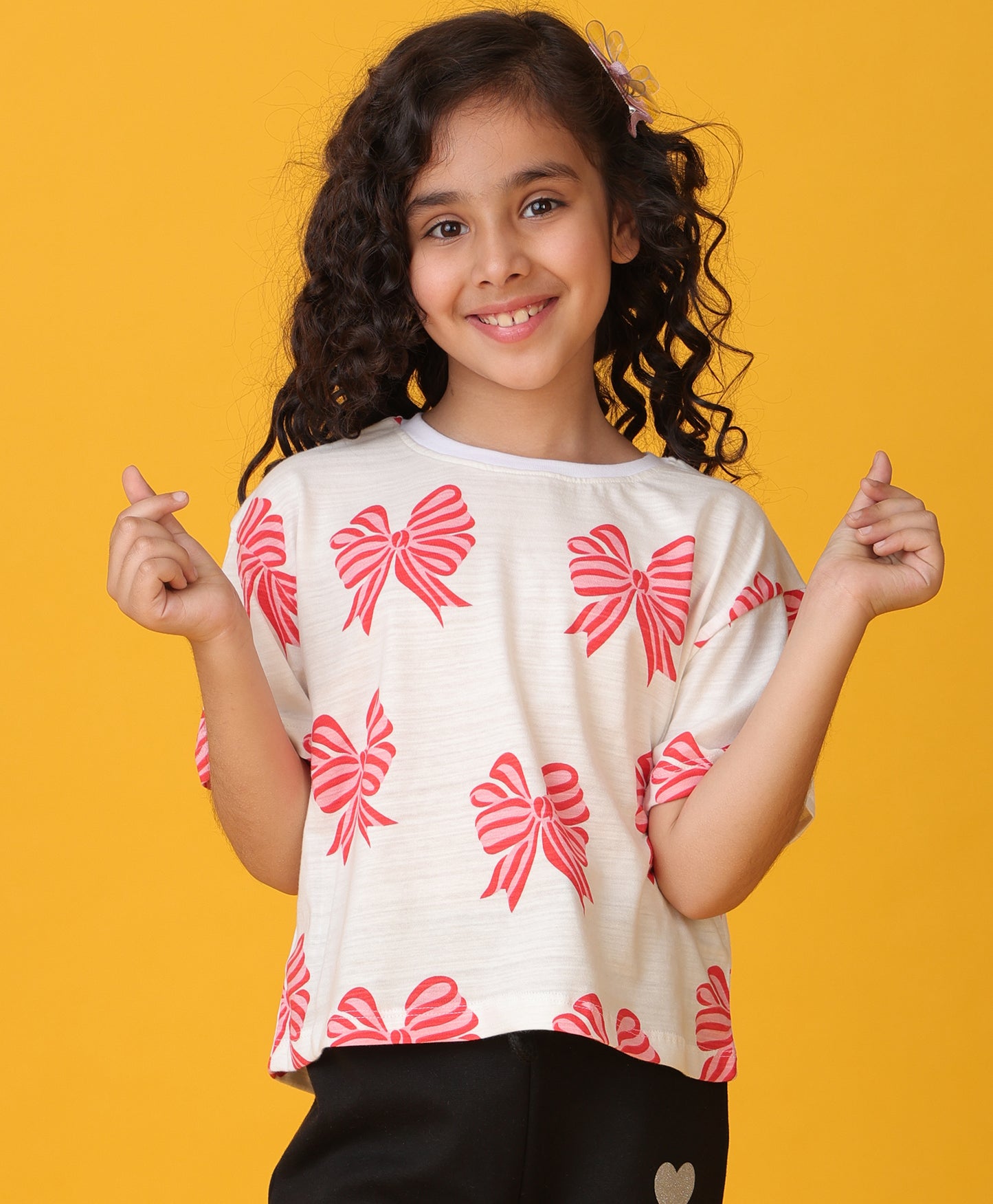 PINK BOW SHORT SLEEVES SUMMER T-SHIRT - WHITE