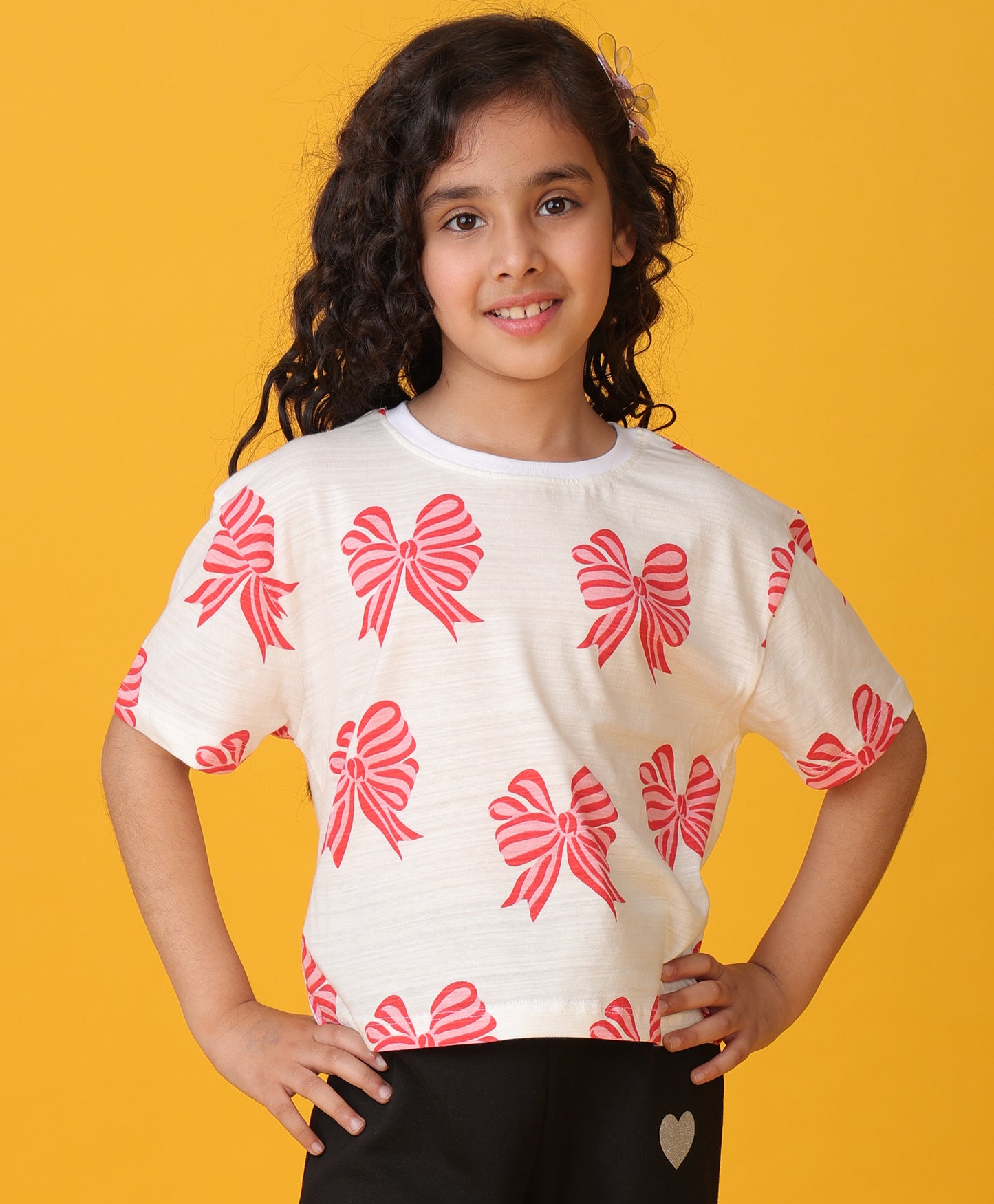 PINK BOW SHORT SLEEVES SUMMER T-SHIRT - WHITE