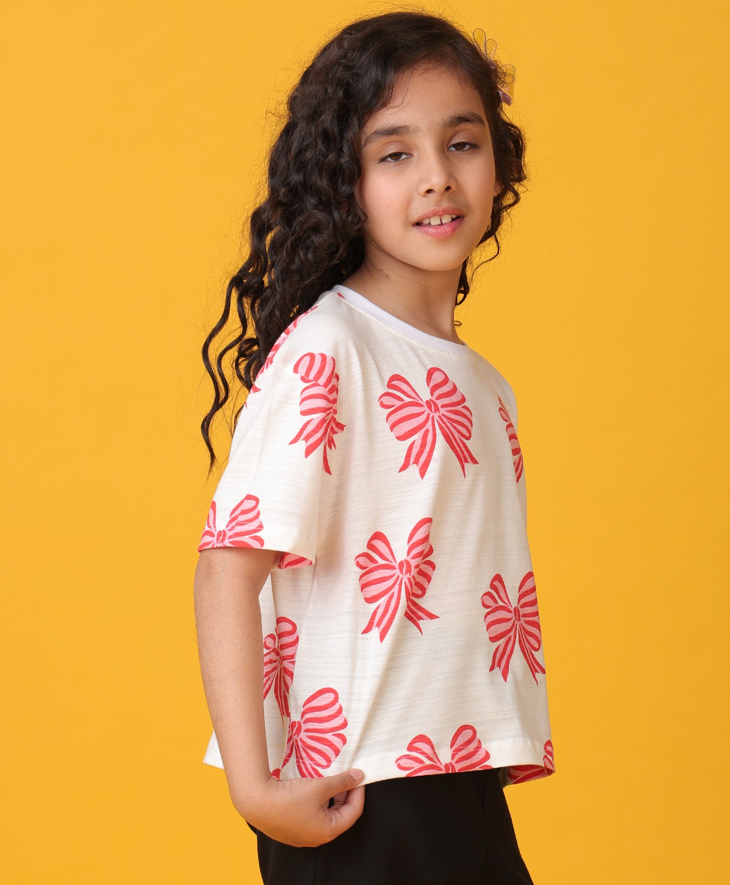 PINK BOW SHORT SLEEVES SUMMER T-SHIRT - WHITE