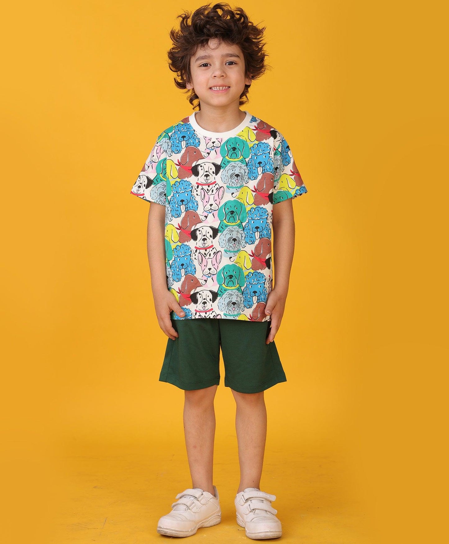 DOGS GREEN SUMMER BOYS SHORTS SET - WHITE /GREEN