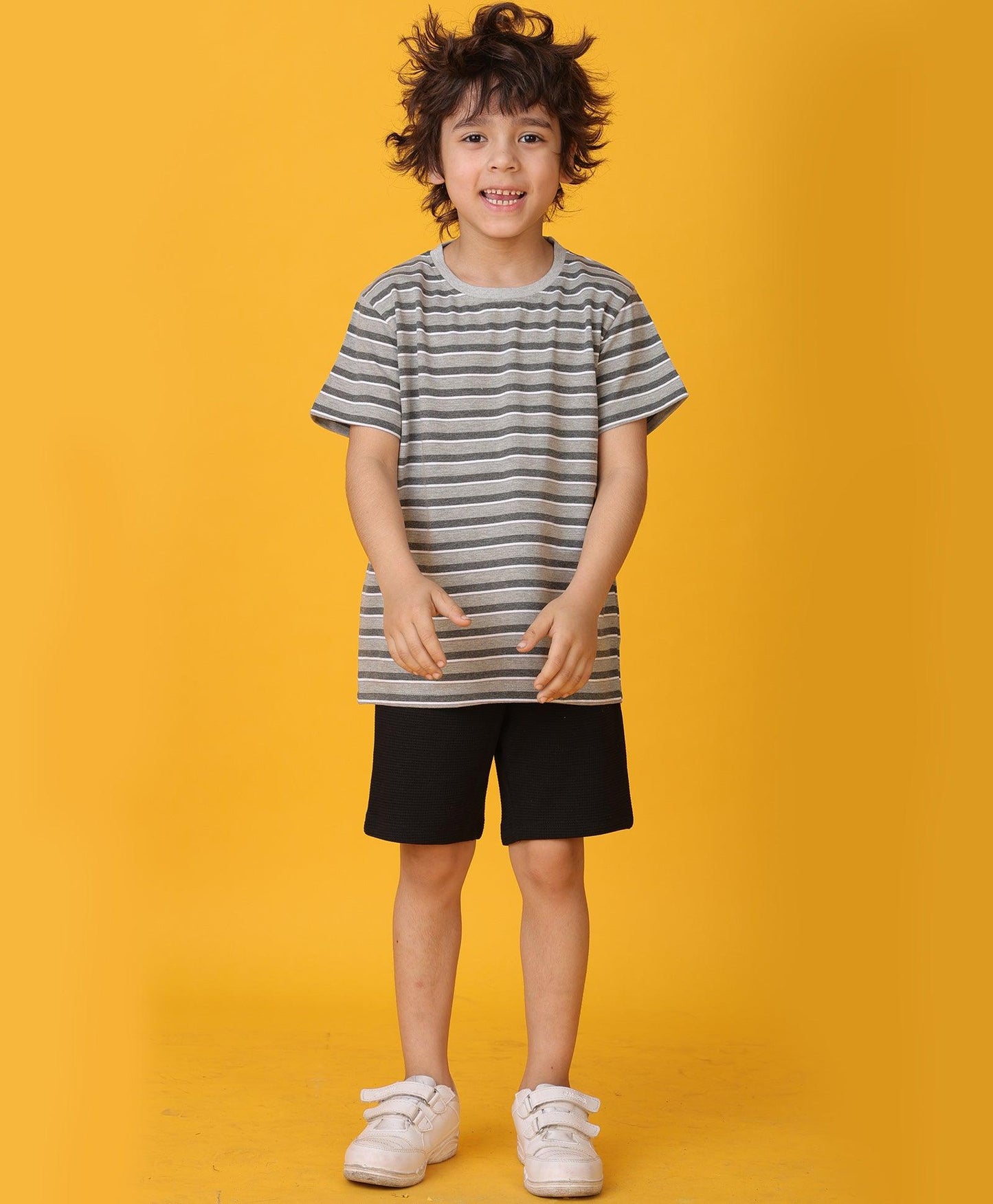 GREY MELANGE STRIPED BLACK SHORTS SET - GREY/BLACK