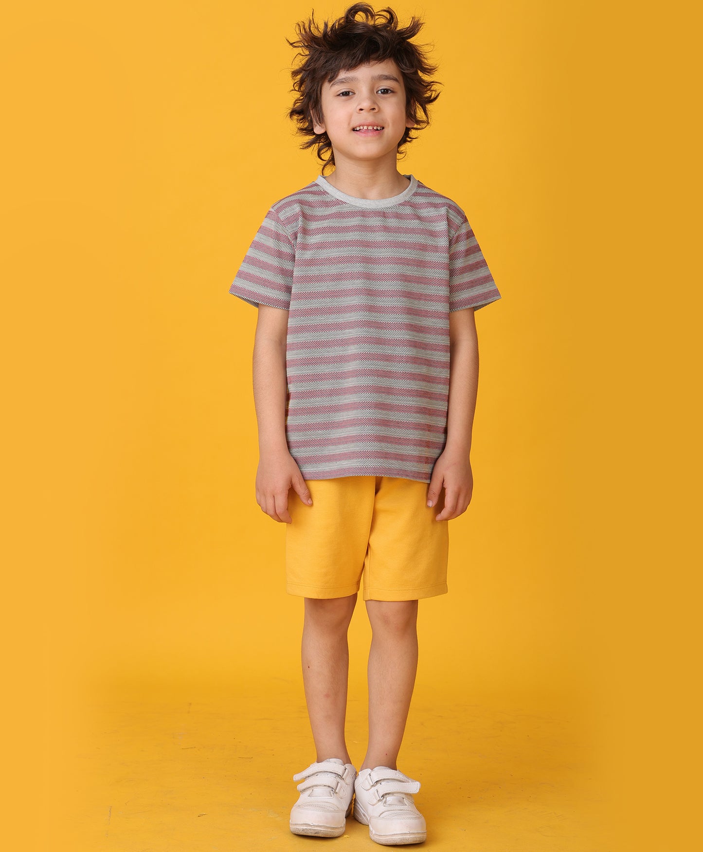 GREY RED STRIPED MUSTARD YELLOW SHORTS SET - GREY/MUSTARD