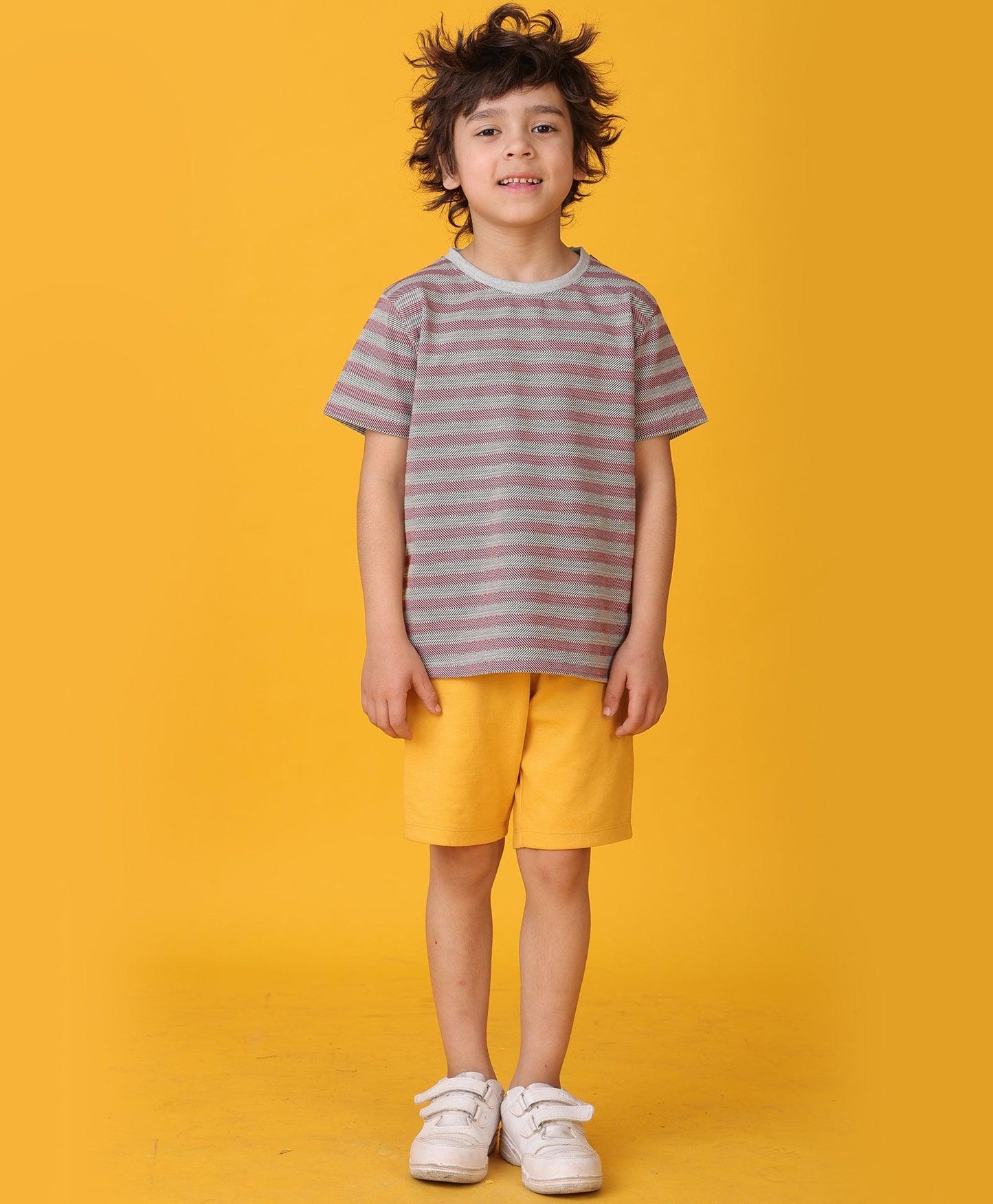 GREY RED STRIPED MUSTARD YELLOW SHORTS SET - GREY/MUSTARD