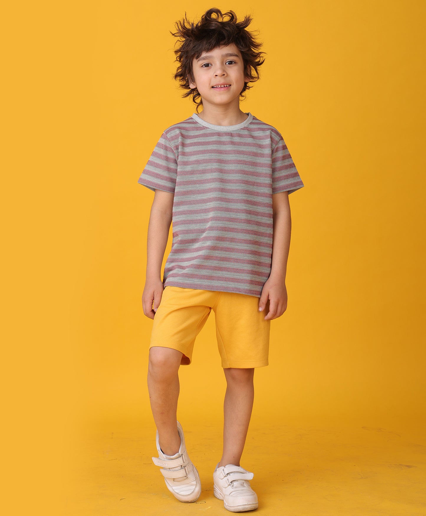 GREY RED STRIPED MUSTARD YELLOW SHORTS SET - GREY/MUSTARD