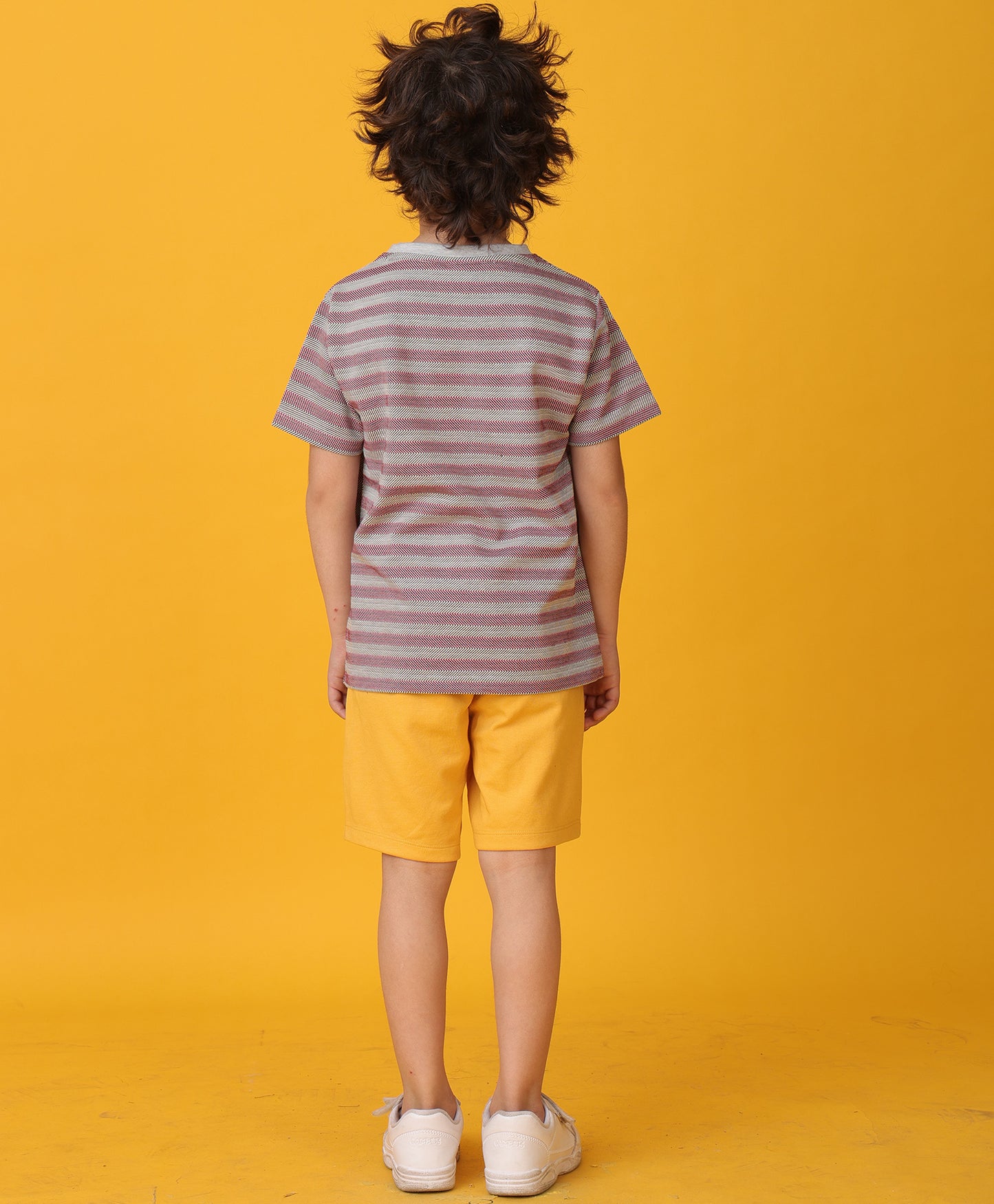 GREY RED STRIPED MUSTARD YELLOW SHORTS SET - GREY/MUSTARD