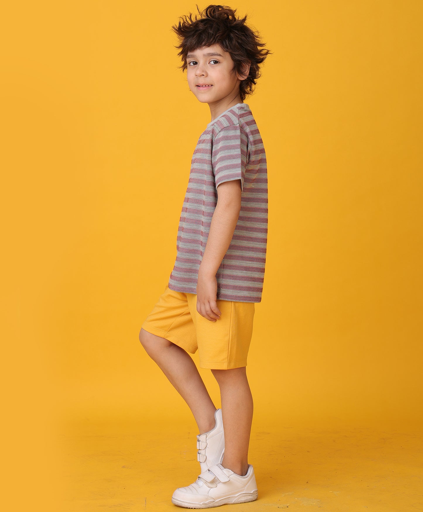 GREY RED STRIPED MUSTARD YELLOW SHORTS SET - GREY/MUSTARD