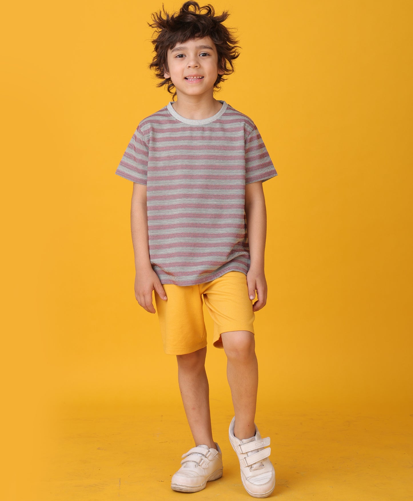 GREY RED STRIPED MUSTARD YELLOW SHORTS SET - GREY/MUSTARD