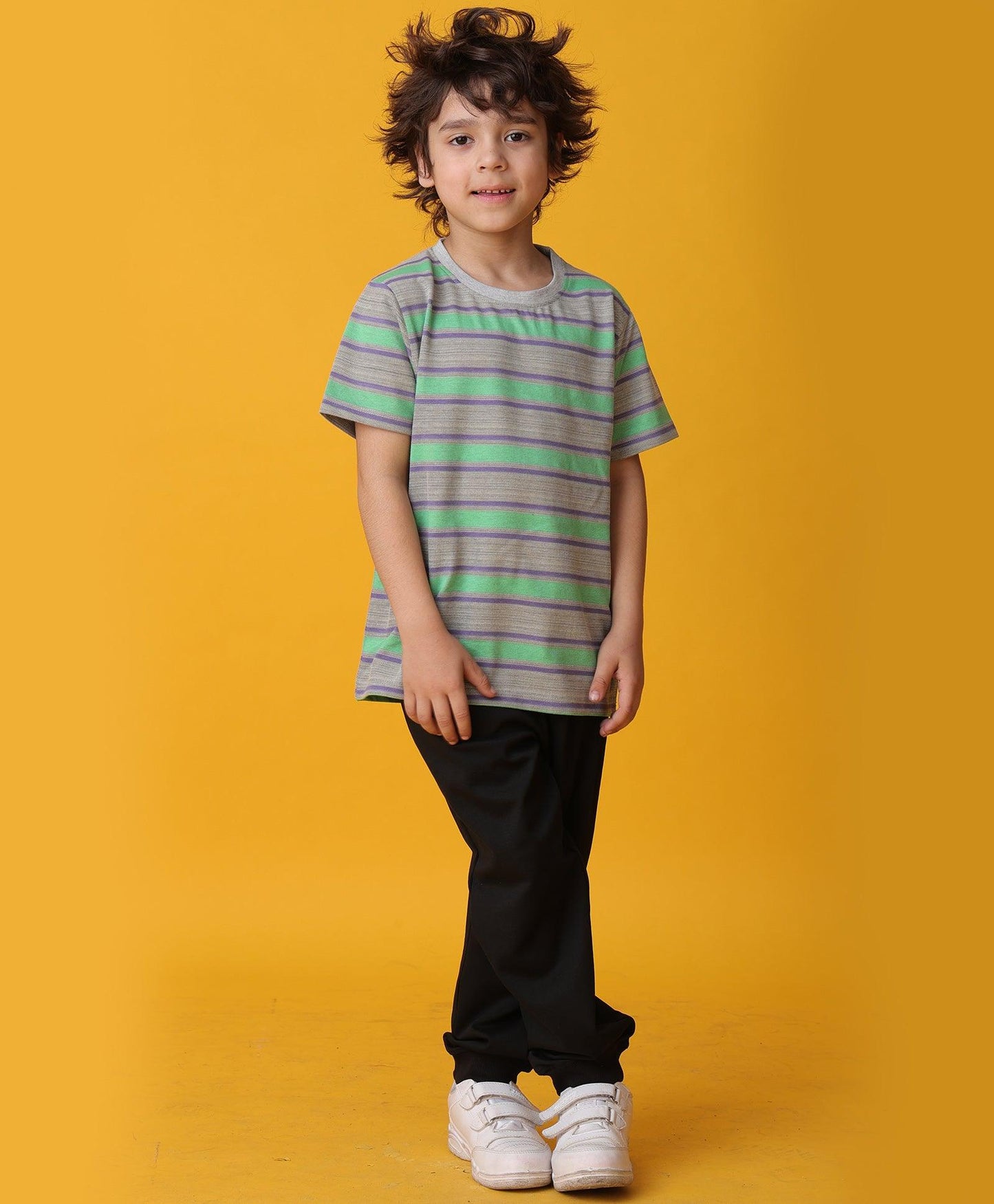 GREEN GREY STRIPED TSHIRT SUMMER BLACK JOGGER SET - GREY/BLACK