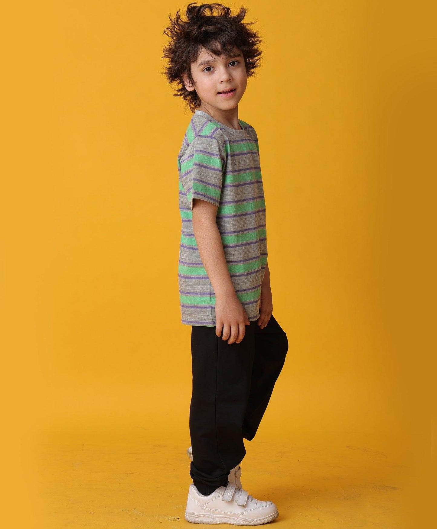 GREEN GREY STRIPED TSHIRT SUMMER BLACK JOGGER SET - GREY/BLACK