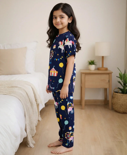 CARNIVAL CIRCUS GIRLS SHORT SLEEVE PYJAMA SET - NAVY