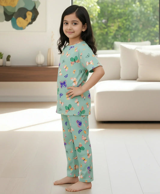 BUTTERFLY SHORT SLEEVE PYJAMA SET - GREEN - Anthrilo