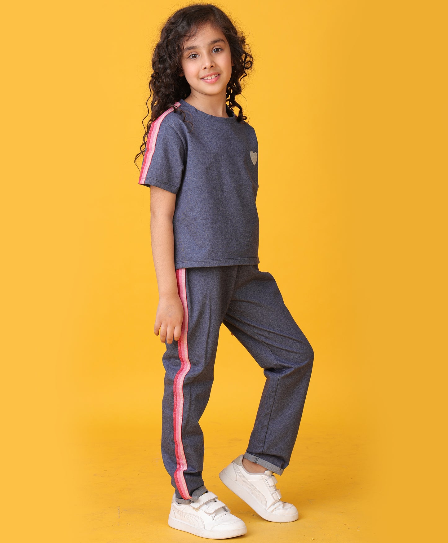 PINK GLITTER TAPE BLUE MELANGE JOGGER SET - BLUE