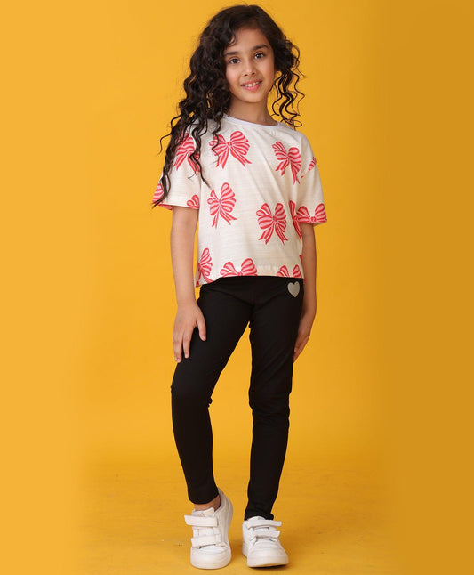 PINK BOW SUMMER BLACK LEGGINGS SET - WHITE/BLACK