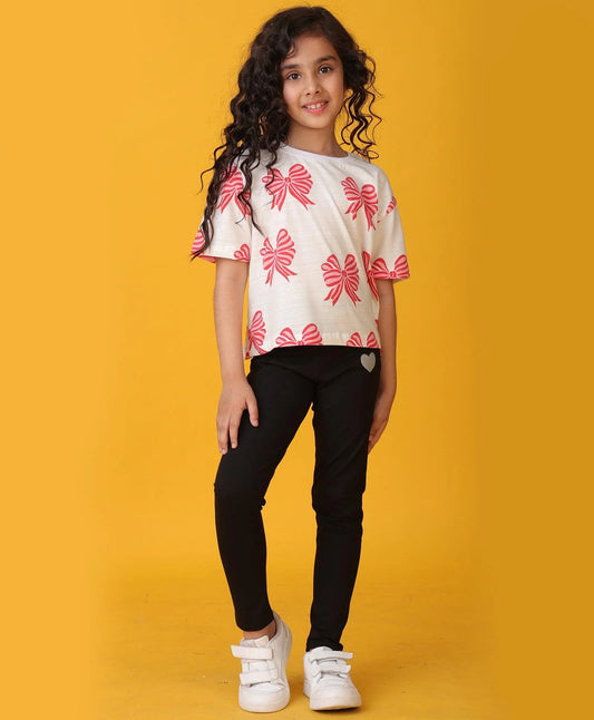 PINK BOW SUMMER BLACK LEGGINGS SET - WHITE/BLACK - Anthrilo