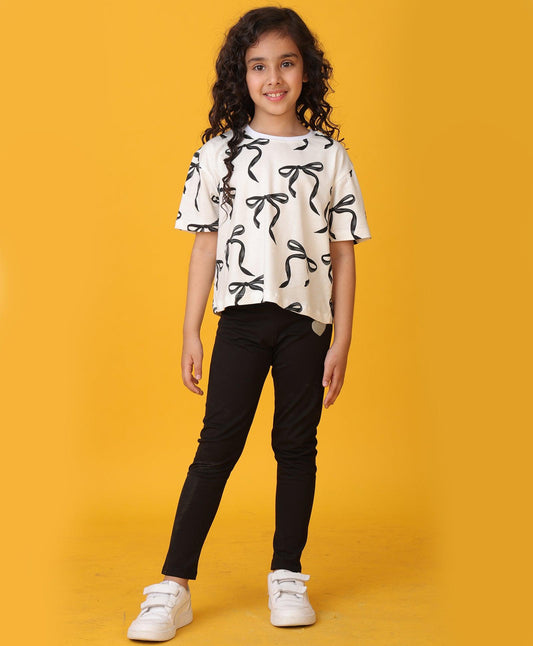 PRETTY BLACK BOW SUMMER BLACK LEGGINGS SET - WHITE/BLACK