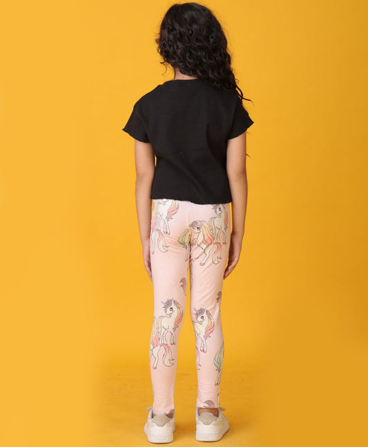 RIBBED BLACK UNICORN STAR LEGGINGS SET - BLACK/PINK