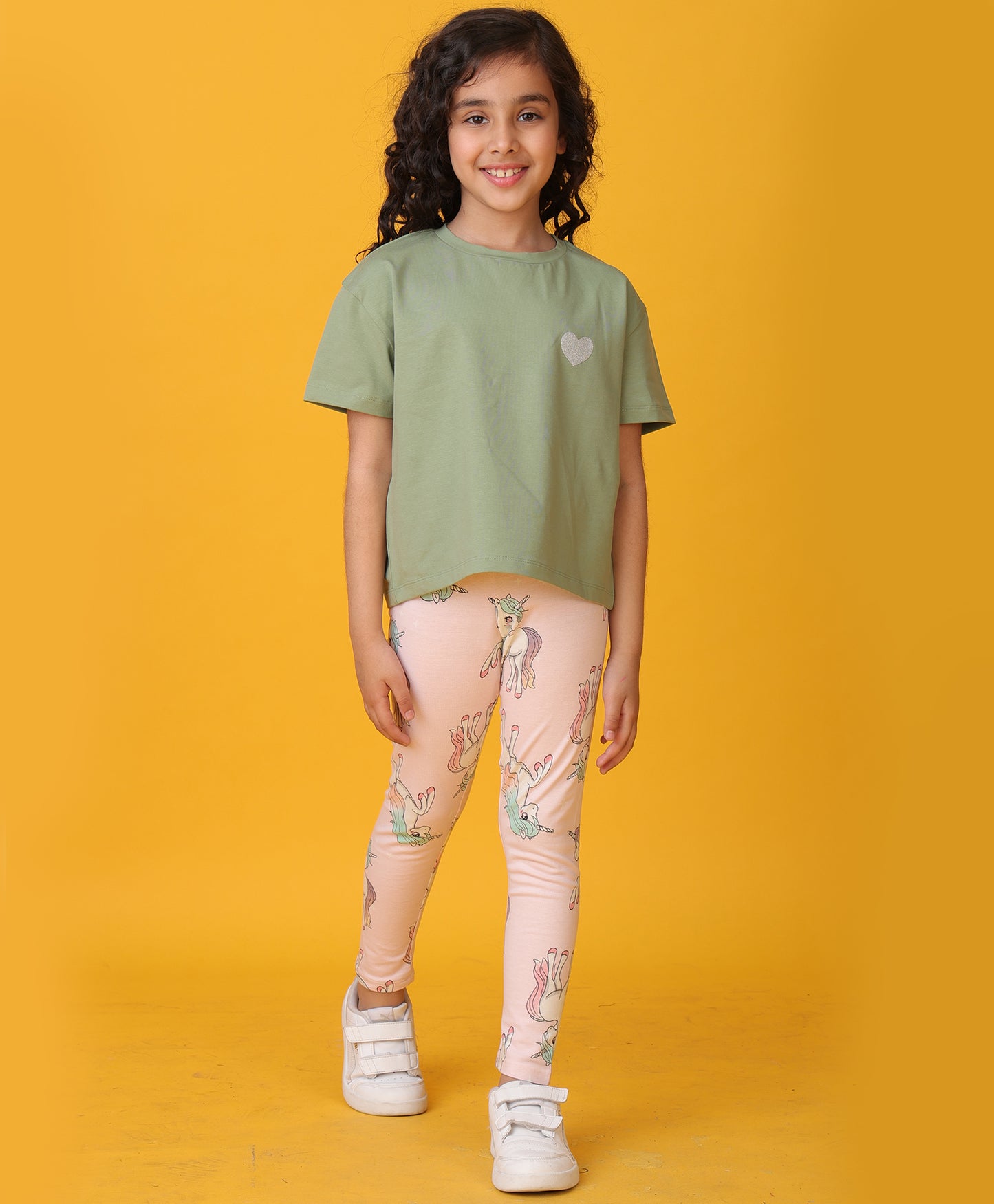 OLIVE GREEN HEART SUMMER UNICORN STAR LEGGINGS SET - OLIVE/PINK