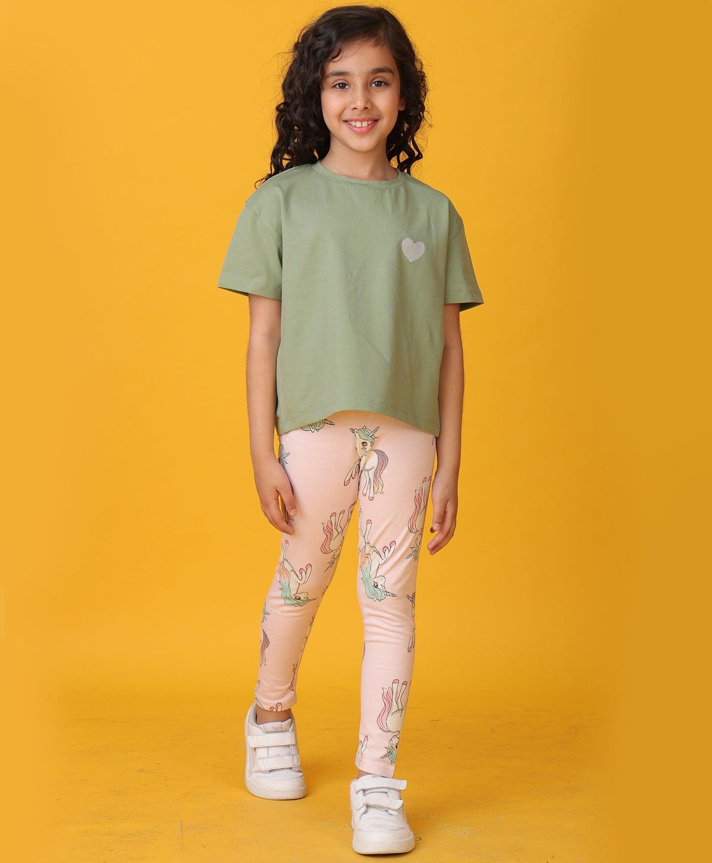OLIVE GREEN HEART SUMMER UNICORN STAR LEGGINGS SET - OLIVE/PINK