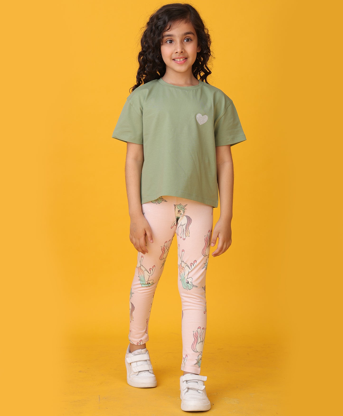 OLIVE GREEN HEART SUMMER UNICORN STAR LEGGINGS SET - OLIVE/PINK