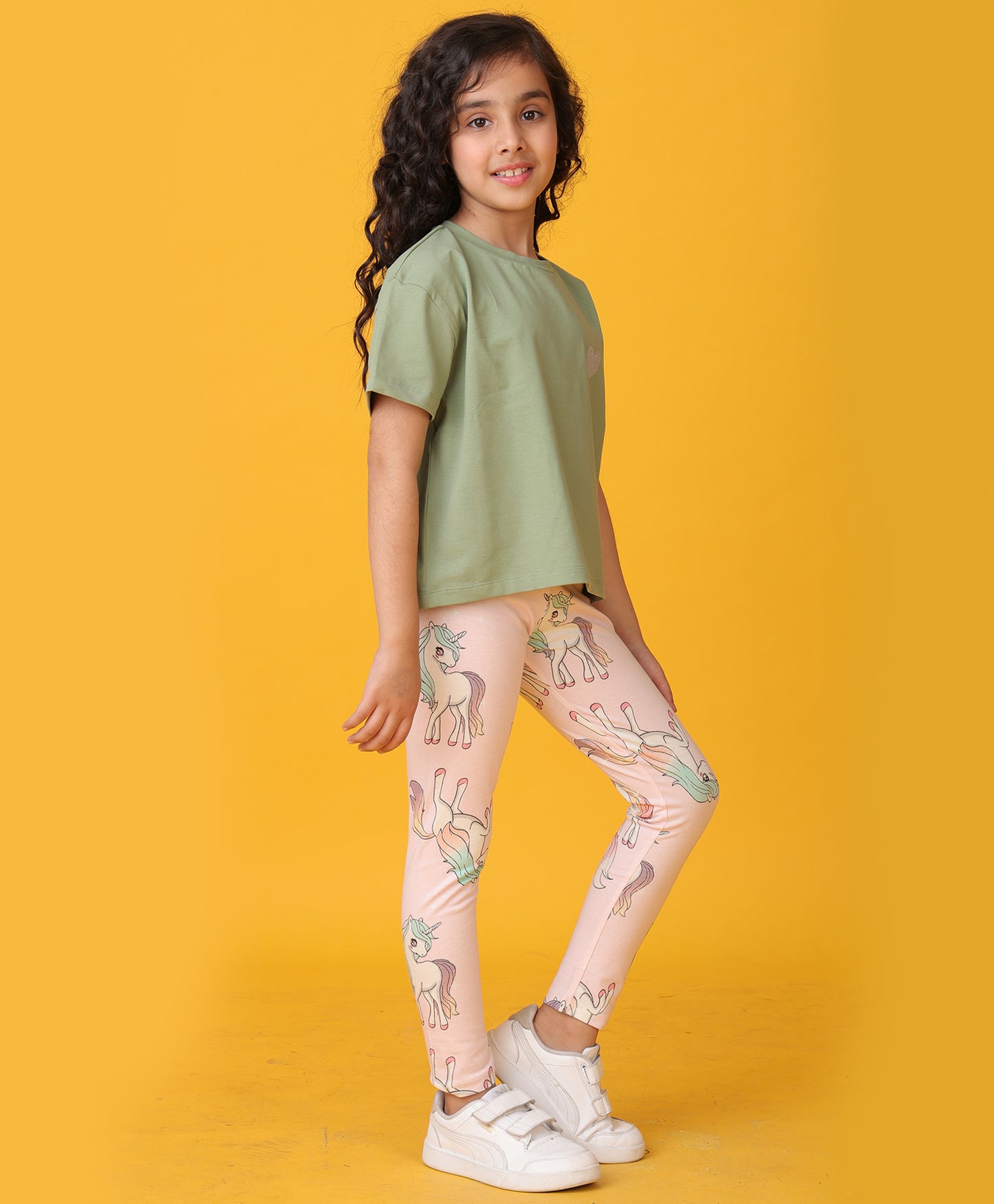 OLIVE GREEN HEART SUMMER UNICORN STAR LEGGINGS SET - OLIVE/PINK
