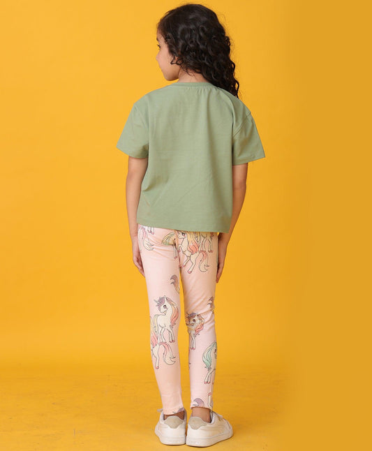 OLIVE GREEN HEART SUMMER UNICORN STAR LEGGINGS SET - OLIVE/PINK