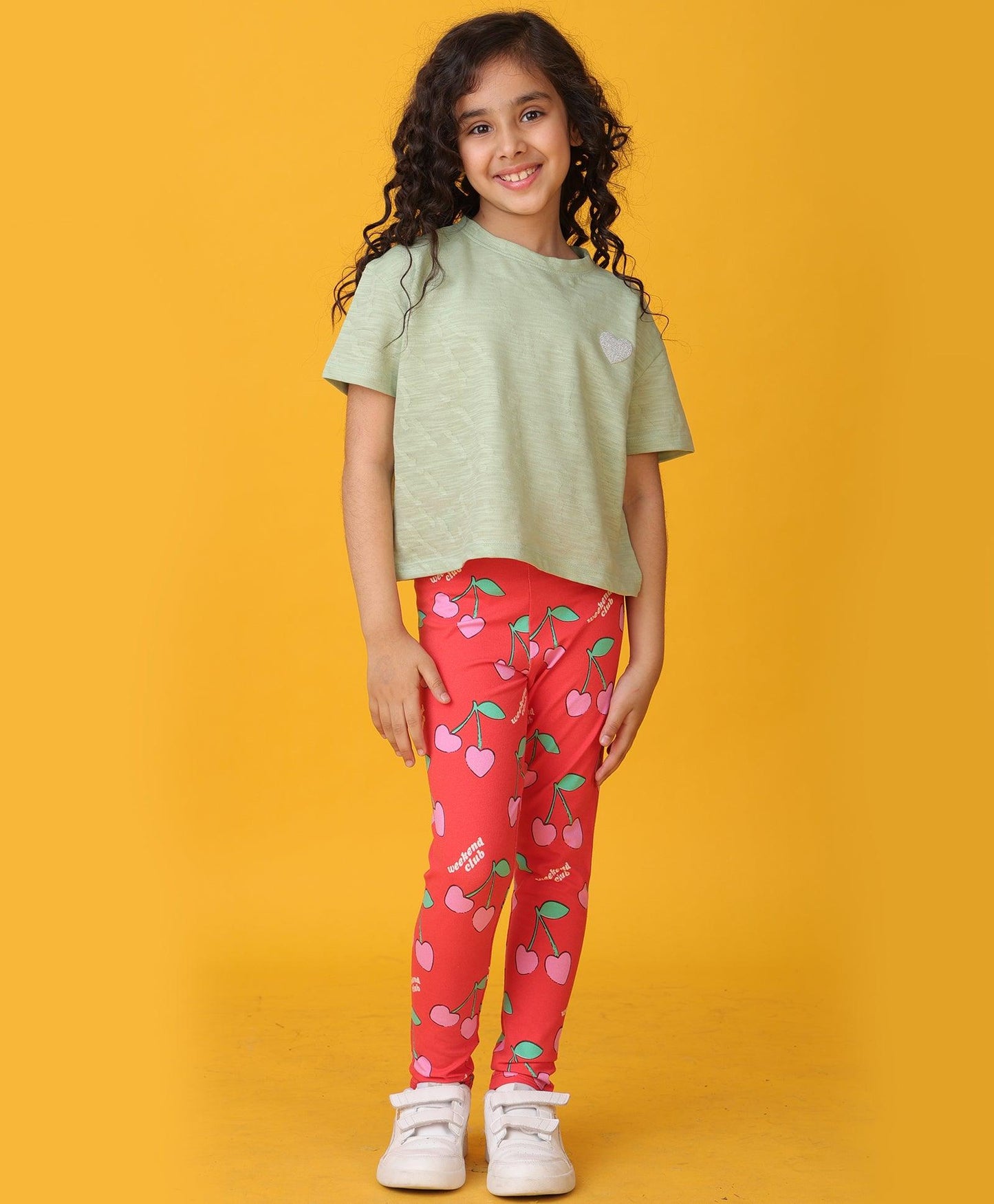 GREEN JACQUARD SUMMER CHERRY LEGGINGS SET - OLIVE/RED