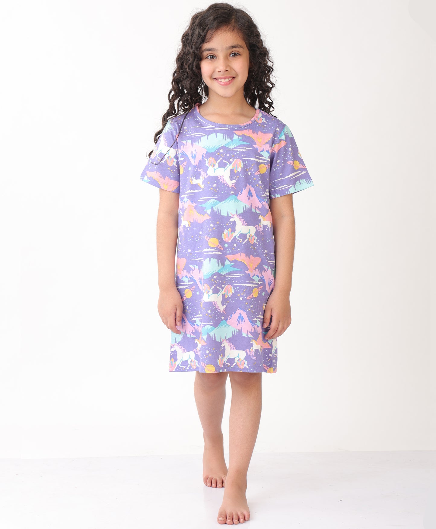 SUMMER UNICORN PLANET FUN NIGHT DRESS - PURPLE