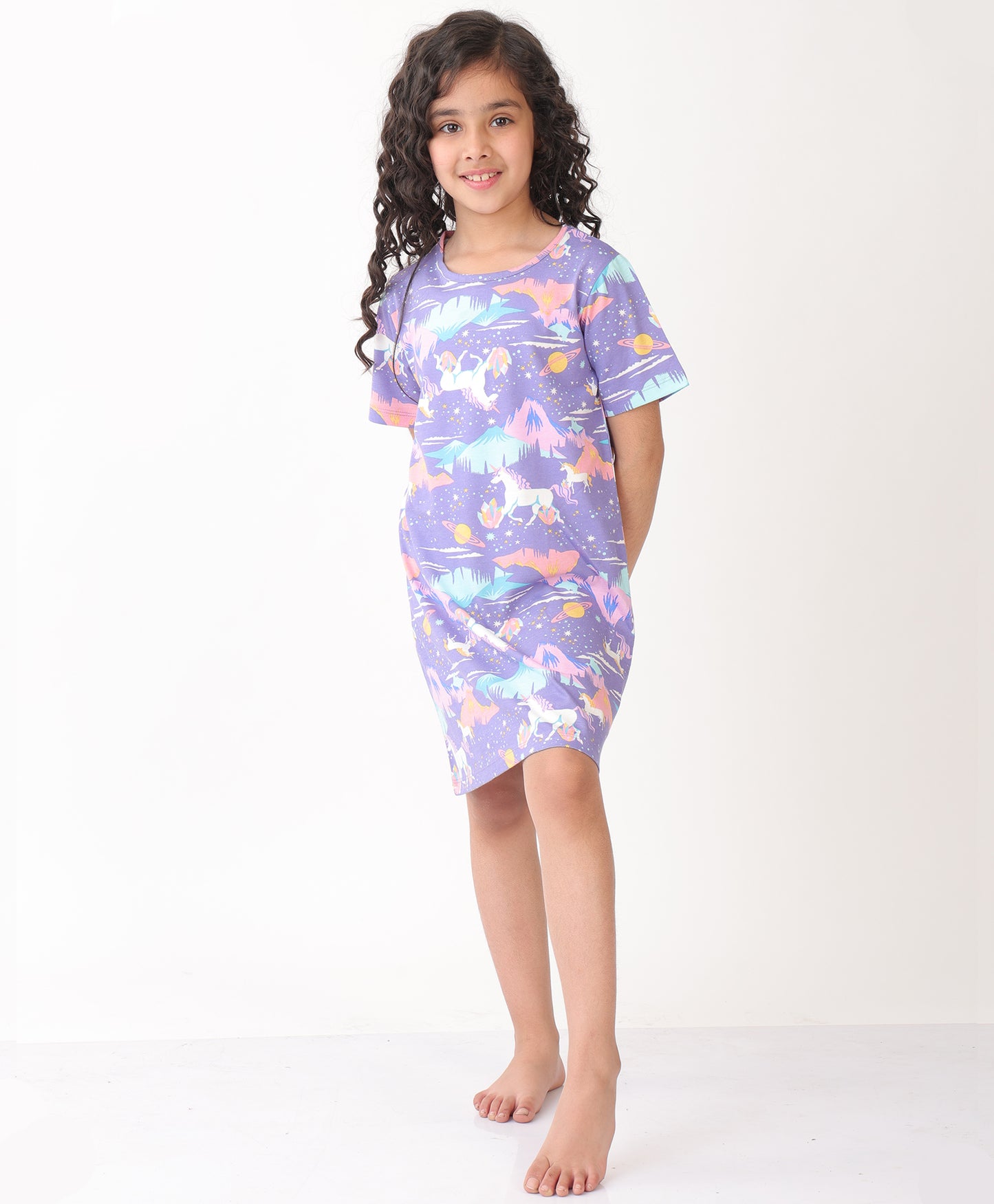 SUMMER UNICORN PLANET FUN NIGHT DRESS - PURPLE