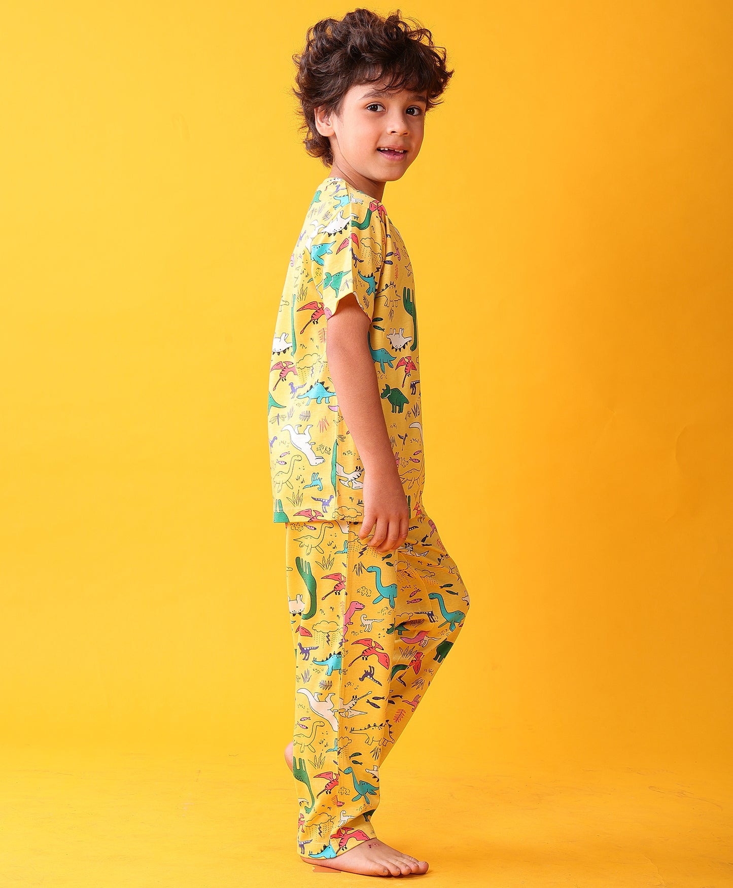 RAINING DINOSAUR SHORT SLEEVE PYJAMA SET - YELLOW