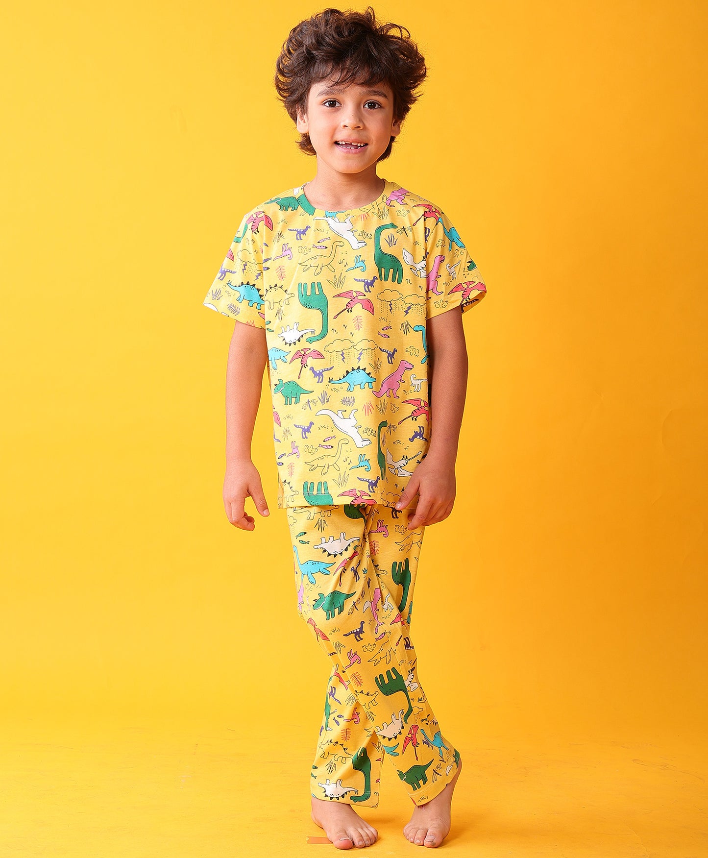RAINING DINOSAUR SHORT SLEEVE PYJAMA SET - YELLOW
