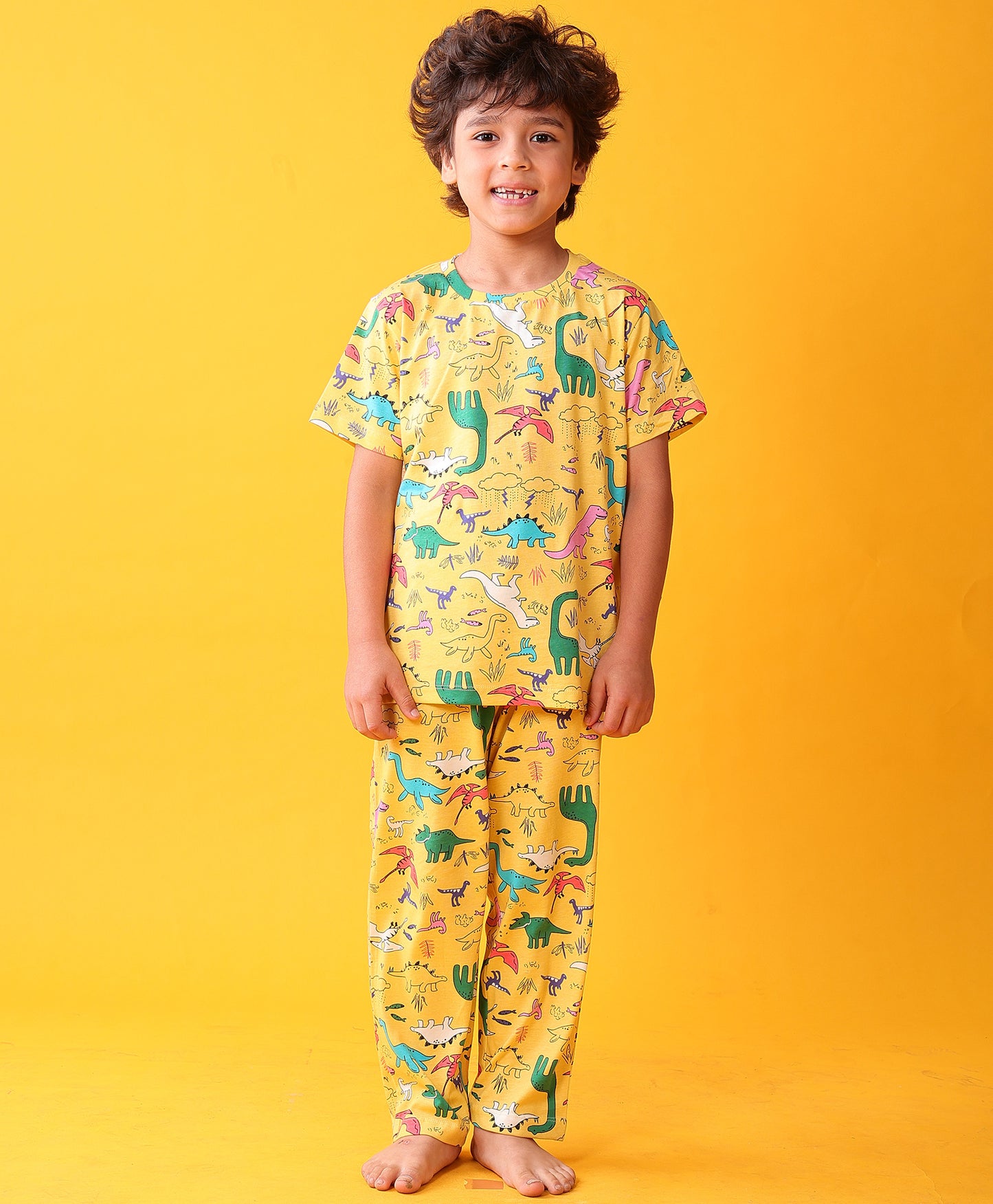 RAINING DINOSAUR SHORT SLEEVE PYJAMA SET - YELLOW