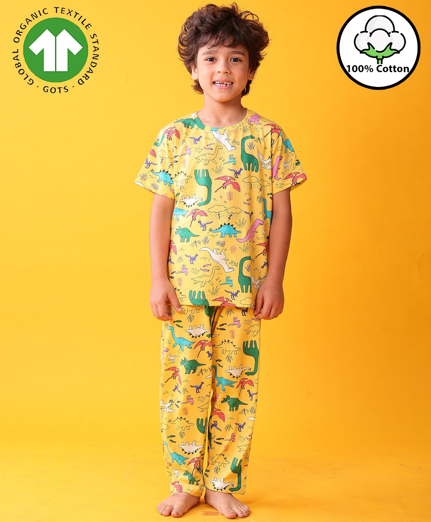 RAINING DINOSAUR SHORT SLEEVE PYJAMA SET - YELLOW
