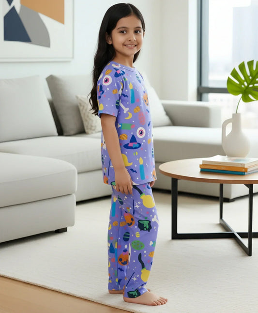 HALLOWEEN GIRLS SHORT SLEEVE PYJAMA SET - PURPLE - Anthrilo