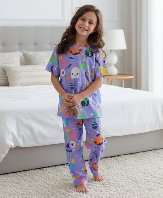 HALLOWEEN GIRLS SHORT SLEEVE PYJAMA SET - PURPLE