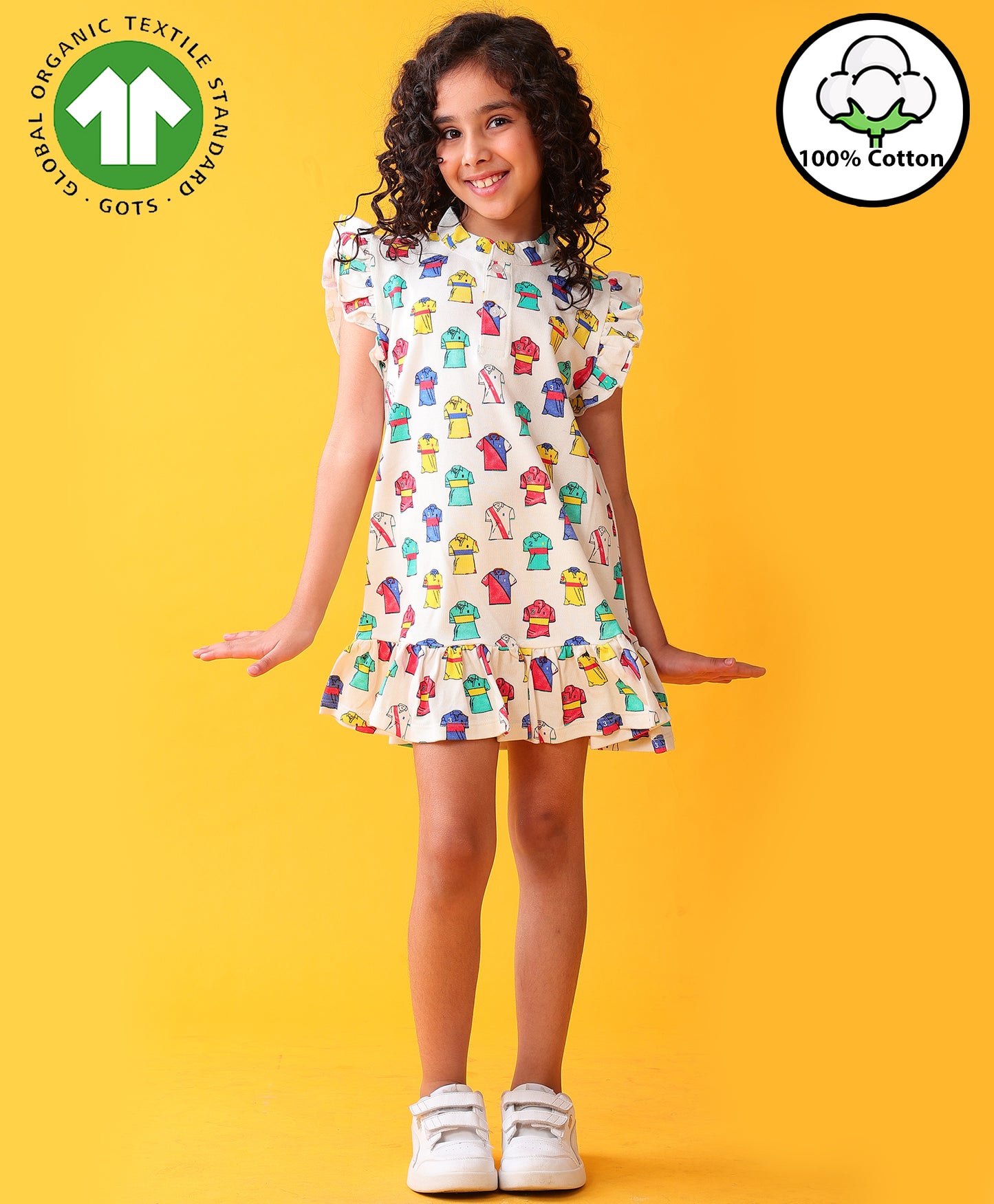 POLO PRINT GIRLS SUMMER COTTON PARTY DRESS - OFF WHITE