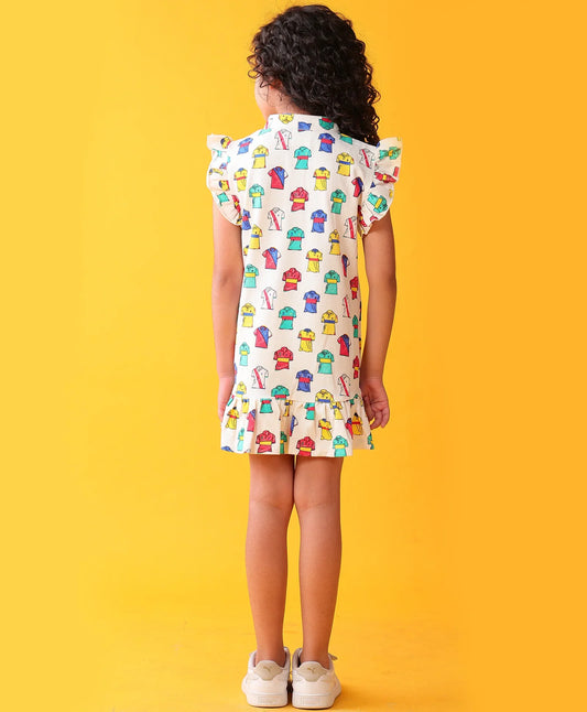 POLO PRINT GIRLS SUMMER COTTON PARTY DRESS - OFF WHITE