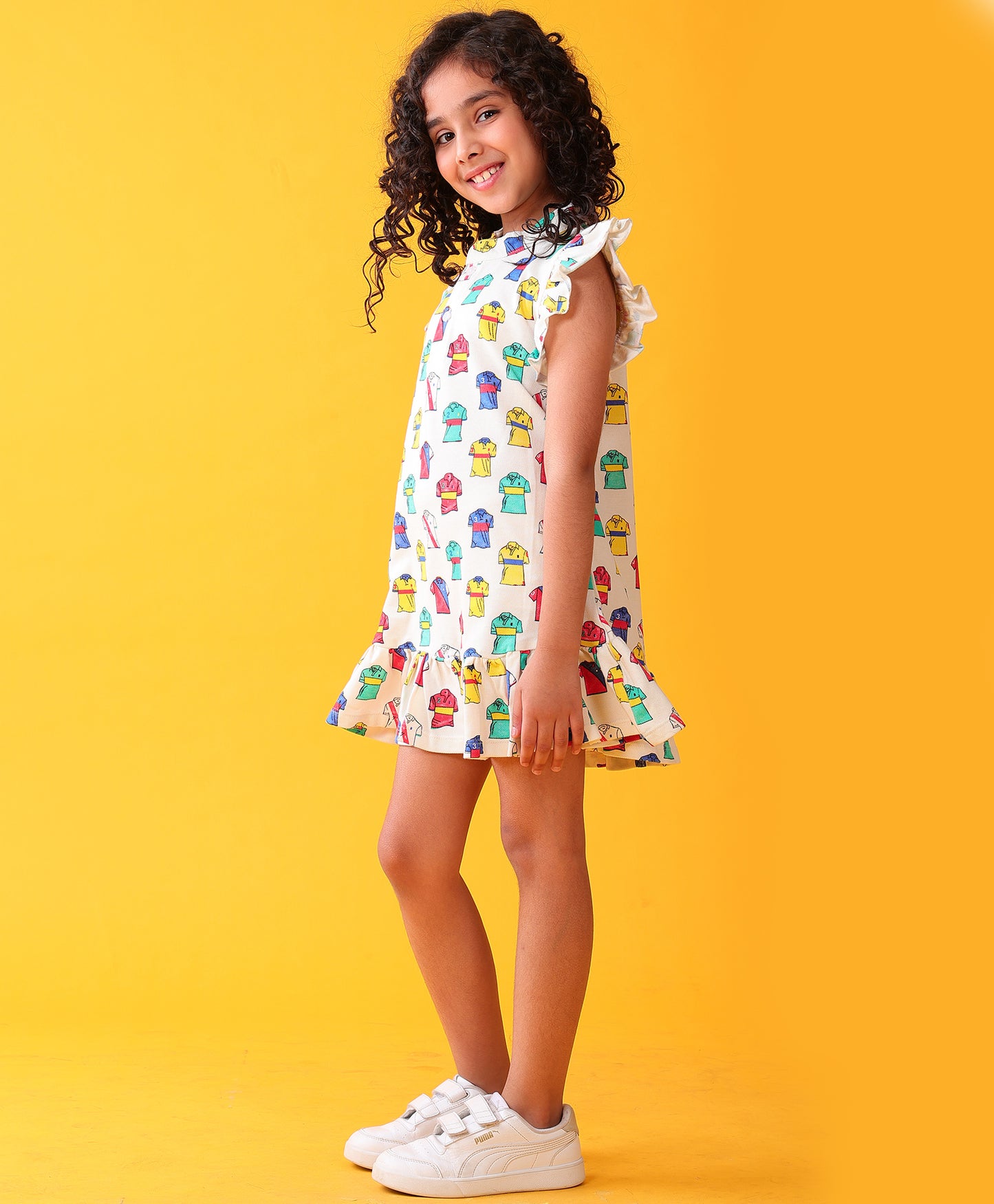 POLO PRINT GIRLS SUMMER COTTON PARTY DRESS - OFF WHITE