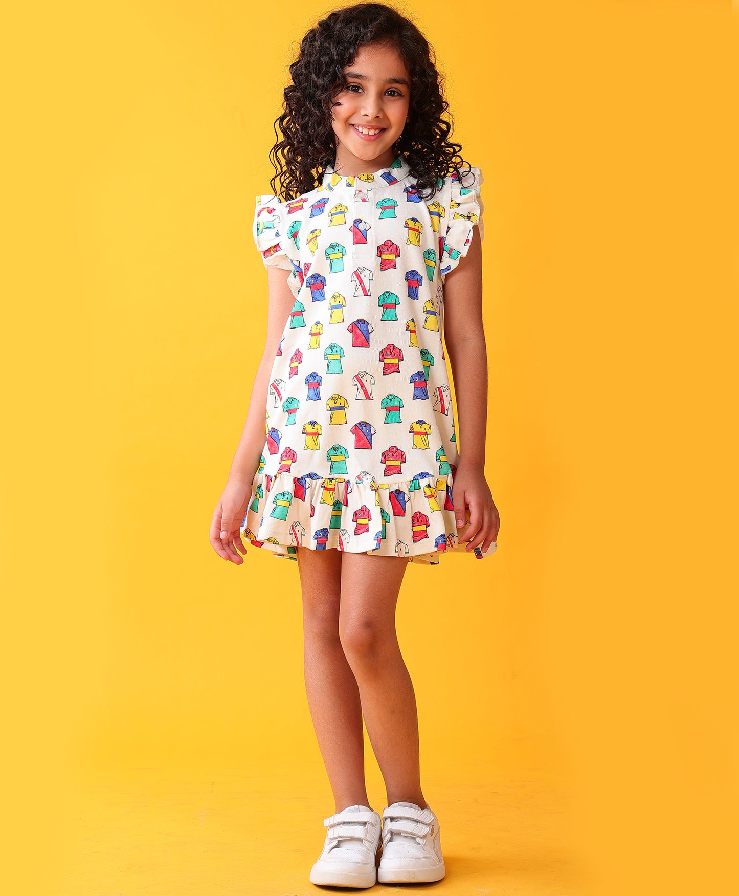 POLO PRINT GIRLS SUMMER COTTON PARTY DRESS - OFF WHITE